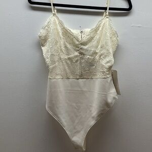 Orange Kiss Size Large Lace Satin Bodysuit in Cream. New With Tags.